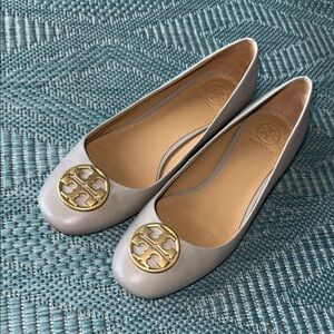 Tory Burch Gray Gold Loafers with Signature Medallion